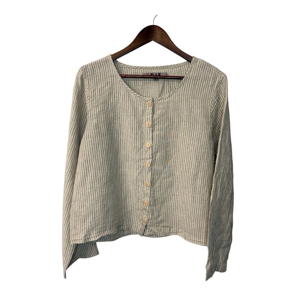 NEW Flax linen long sleeve button up blouse S 6-10 stripe lagenlook cottagecore